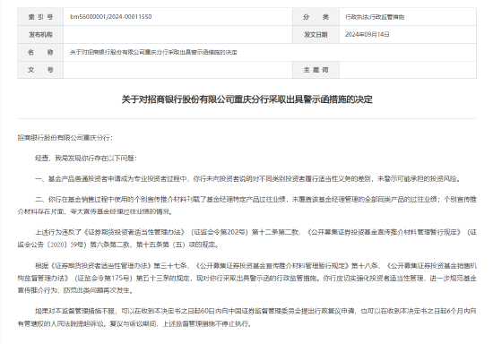 招商银行重庆分行被出具警示函：因存在个别宣传推介材料存在片面、夸大宣传基金经理过往业绩等问题